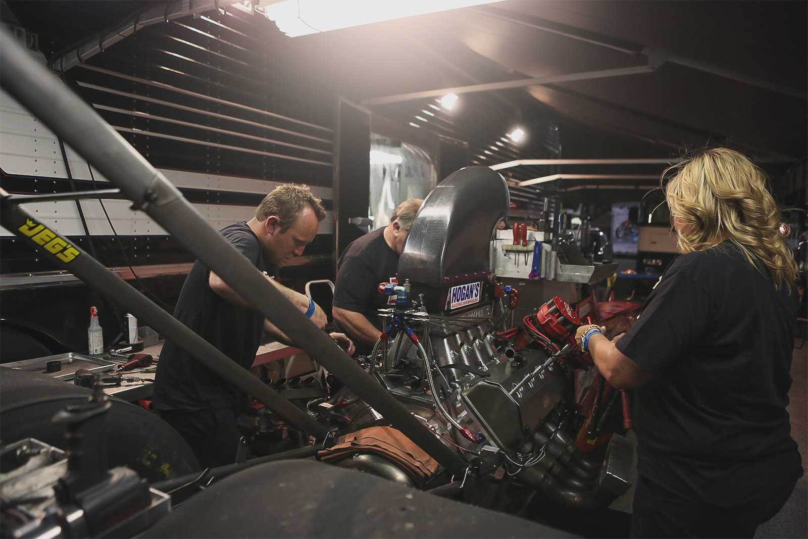 The Dreher Motorsports gang gets their 3,500 horsepower A/fuel dragster buttoned back up and ready for another day of qualifying tomorrow after a stout 5.39 second lap to kick off the weekend.