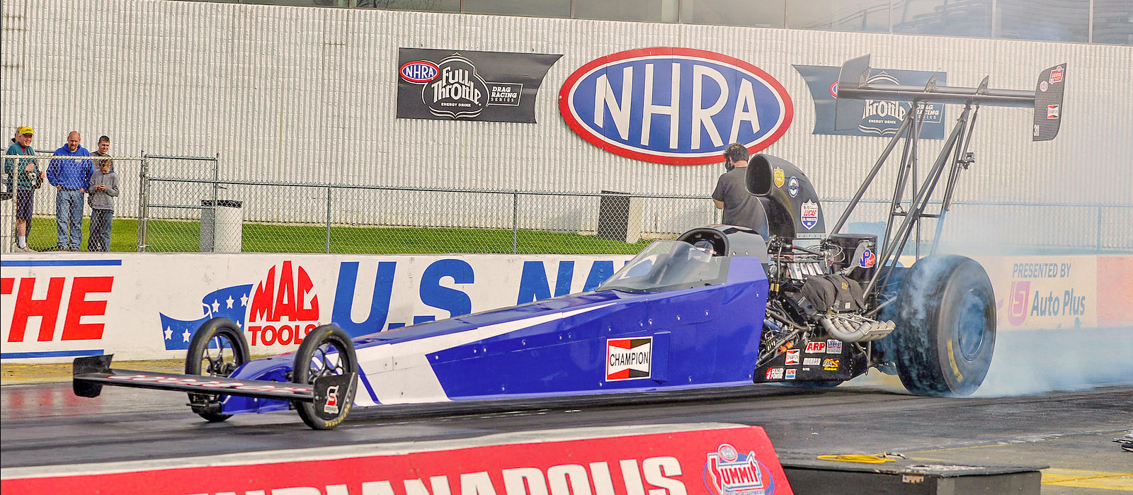 Michalek Brothers Racing driver Kyle Michalek burns out at Lucas Oil Raceway at Indianapolis prior to completing his A/fuel dragster license upgrade.